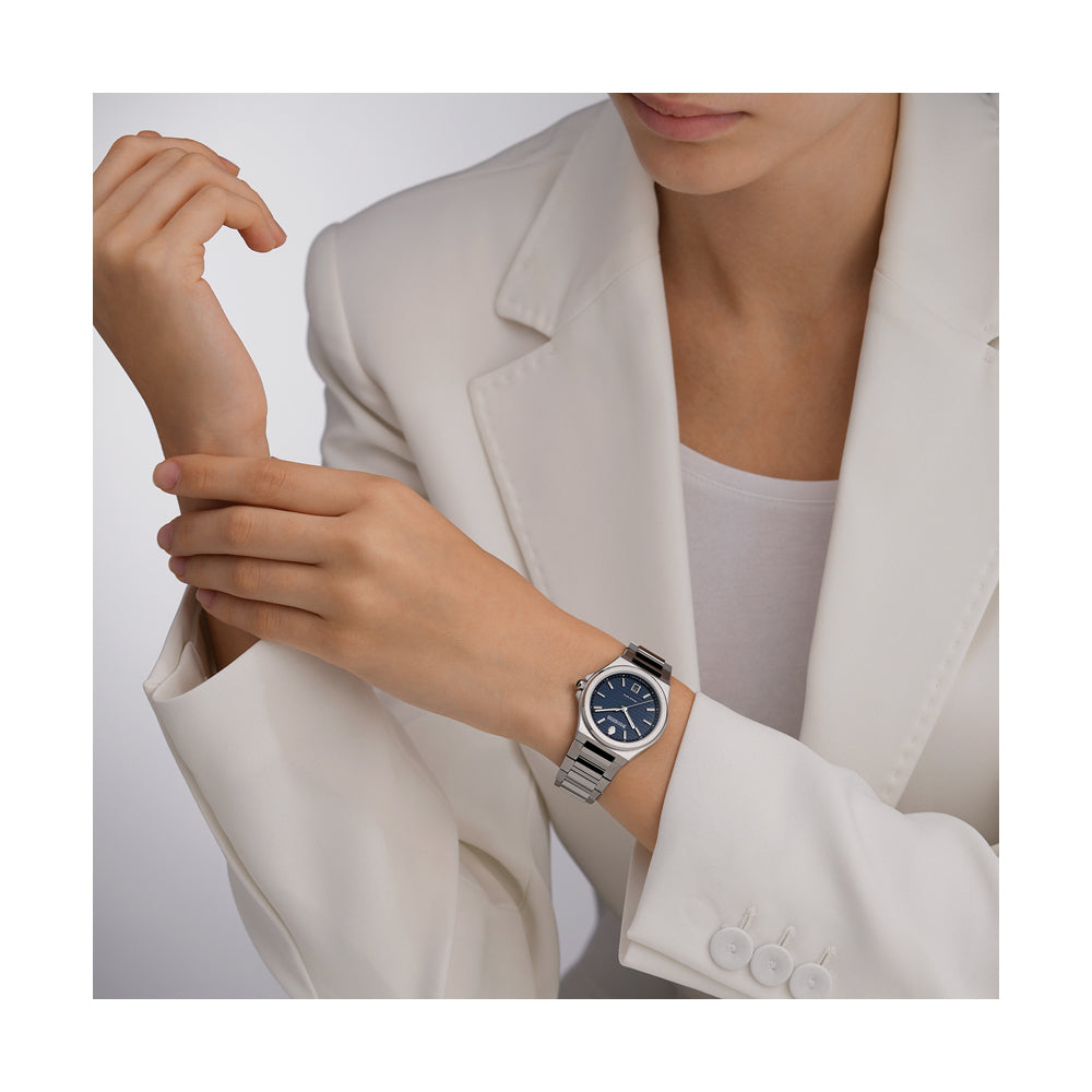 CDF 75 LADIES QUARTZ 3H DATE Dark Blue Brushed Dial with Embossed Lines / Silver Colour 316L Stainless Steel Bracelet and Butterfly Buckle