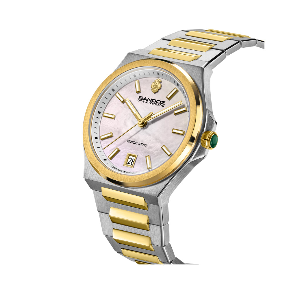 CDF 75 LADIES QUARTZ 3H DATE White Mother of Pearl / 2-tone Silver Colour and Gold Plated 316L Stainless Steel Bracelet and Butterfly Buckle