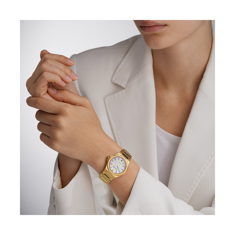 CDF 75 LADIES QUARTZ 3H DATE White Mother of Pearl / Gold Plated 316L Stainless Steel Bracelet and Butterfly Buckle