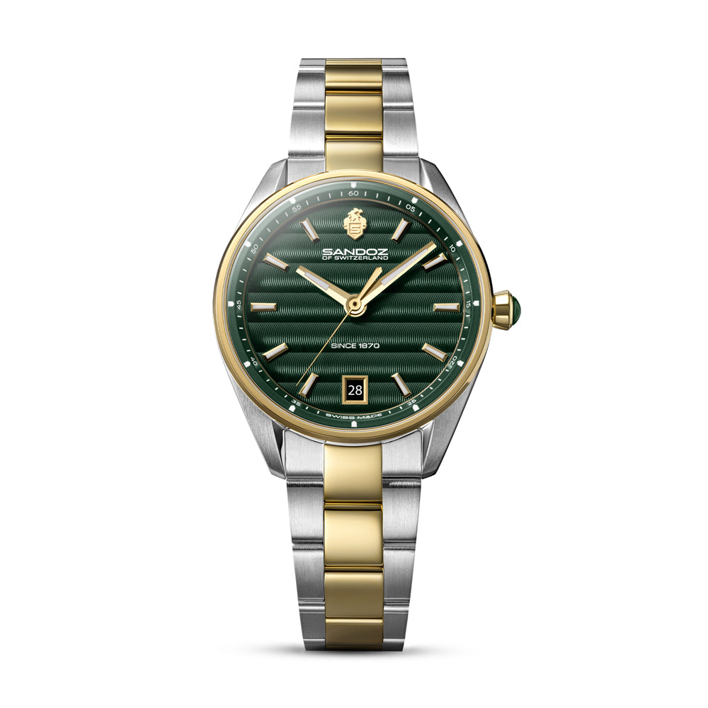 BACHELIN LADIES QUARTZ WATCH Green Dial, Silver & Gold Plated Bracelet