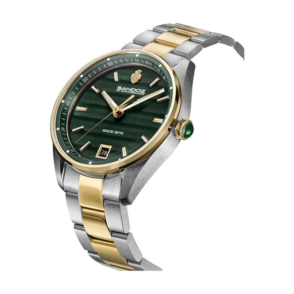 BACHELIN LADIES QUARTZ WATCH Green Dial, Silver & Gold Plated Bracelet