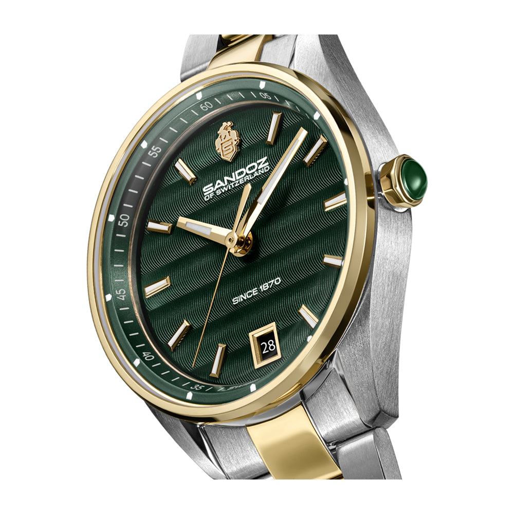 BACHELIN LADIES QUARTZ WATCH Green Dial, Silver & Gold Plated Bracelet