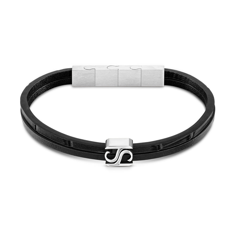 Logo Leather Bracelet STEEL AND BLACK