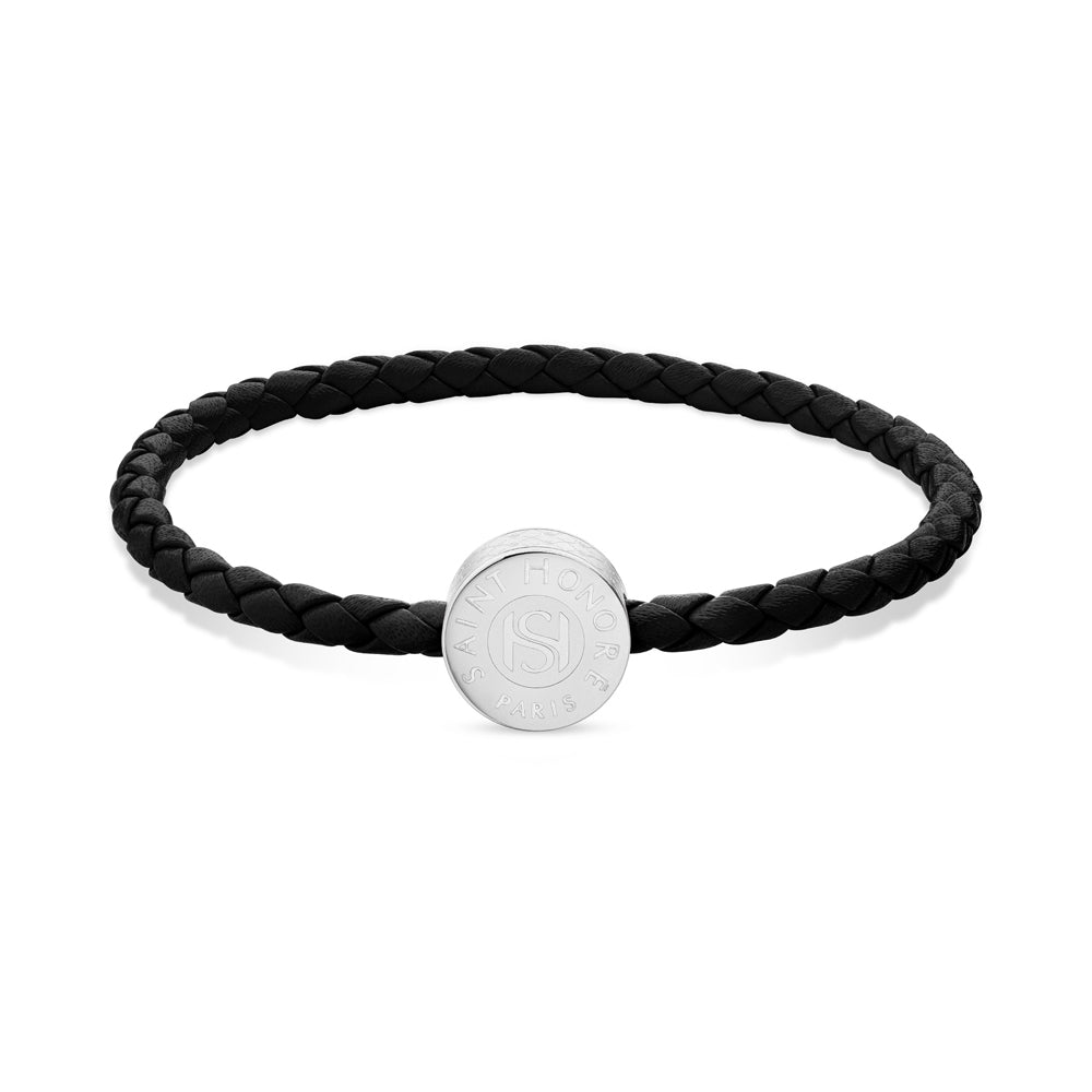 Coin Leather Bracelet with Logo STEEL AND BLACK