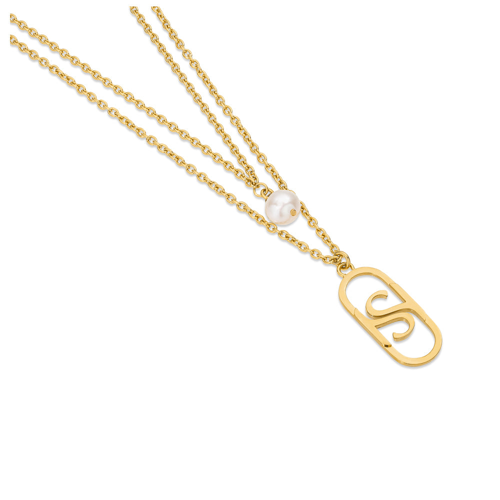 Double-Layerd Arc Necklace with Pearl Drop IP GOLD PLATING