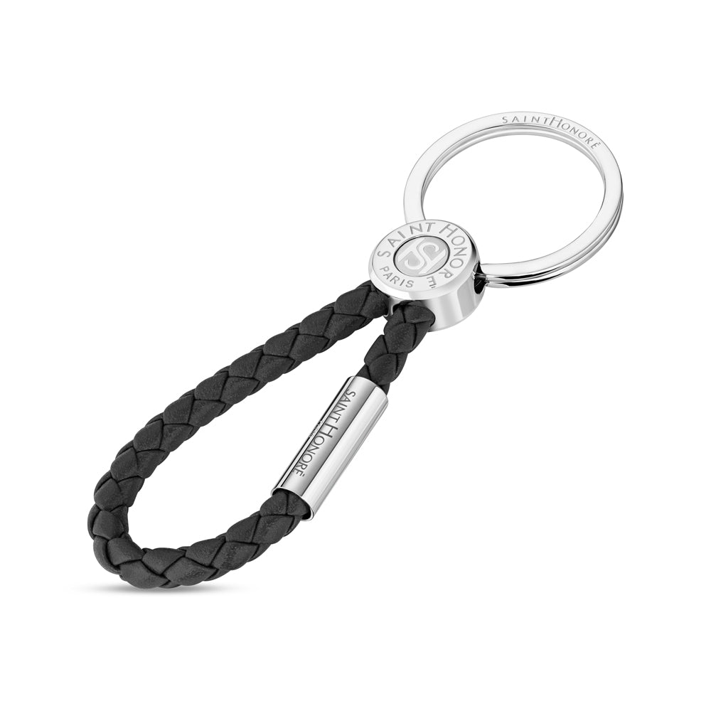 Coin Leather Keyring with Engraved Logo STEEL AND BLACK