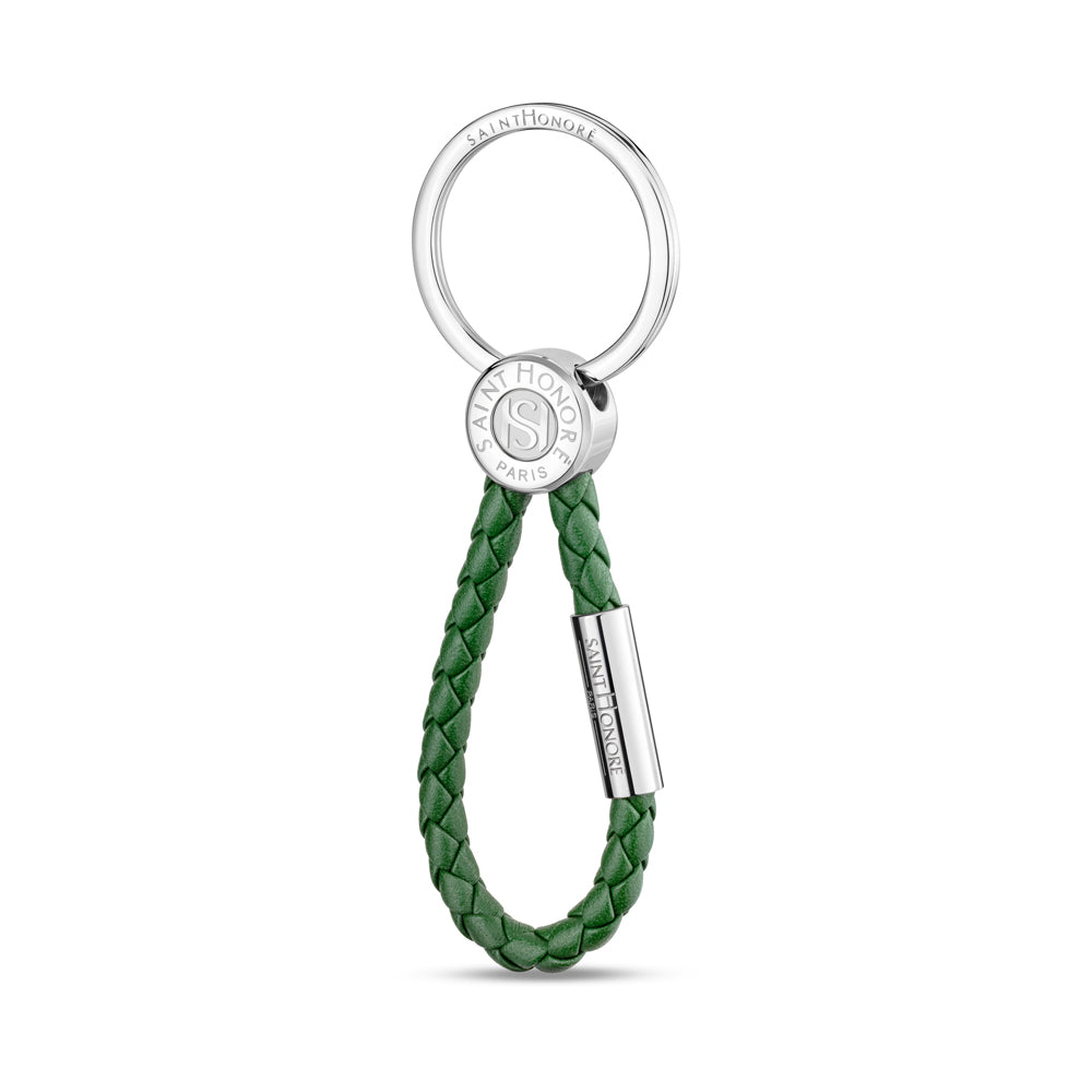 Coin Leather Keyring with Engraved Logo STEEL AND GREEN
