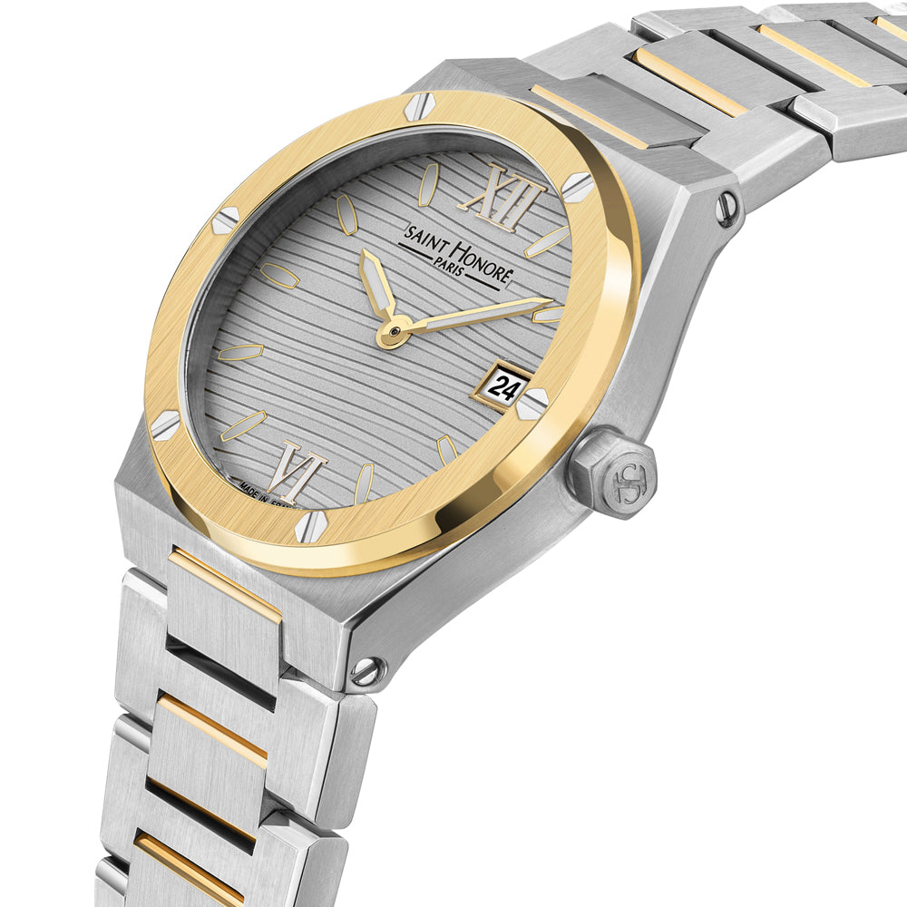 Haussman 32MM Roman Numeral Watch STAINLESS STEEL & IP GOLD PLATED / WHITE