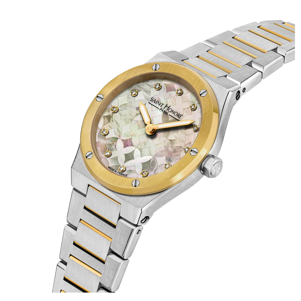 Haussman 32MM Diamond Grey MOP Watch STAINLESS STEEL & IP GOLD PLATED / WHITE MOP