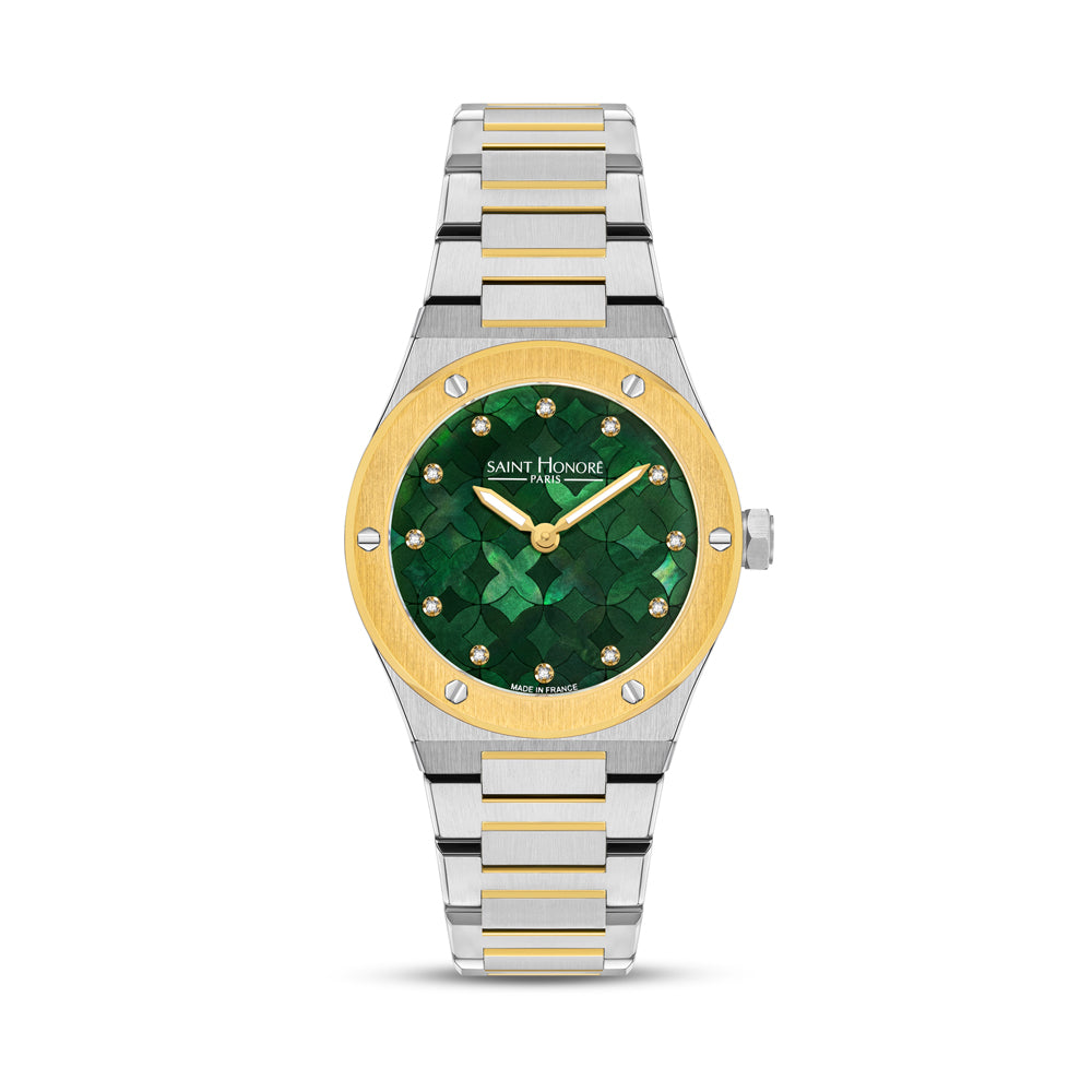 Haussman 32MM Diamond Grey MOP Watch STAINLESS STEEL & IP GOLD PLATED / GREEN