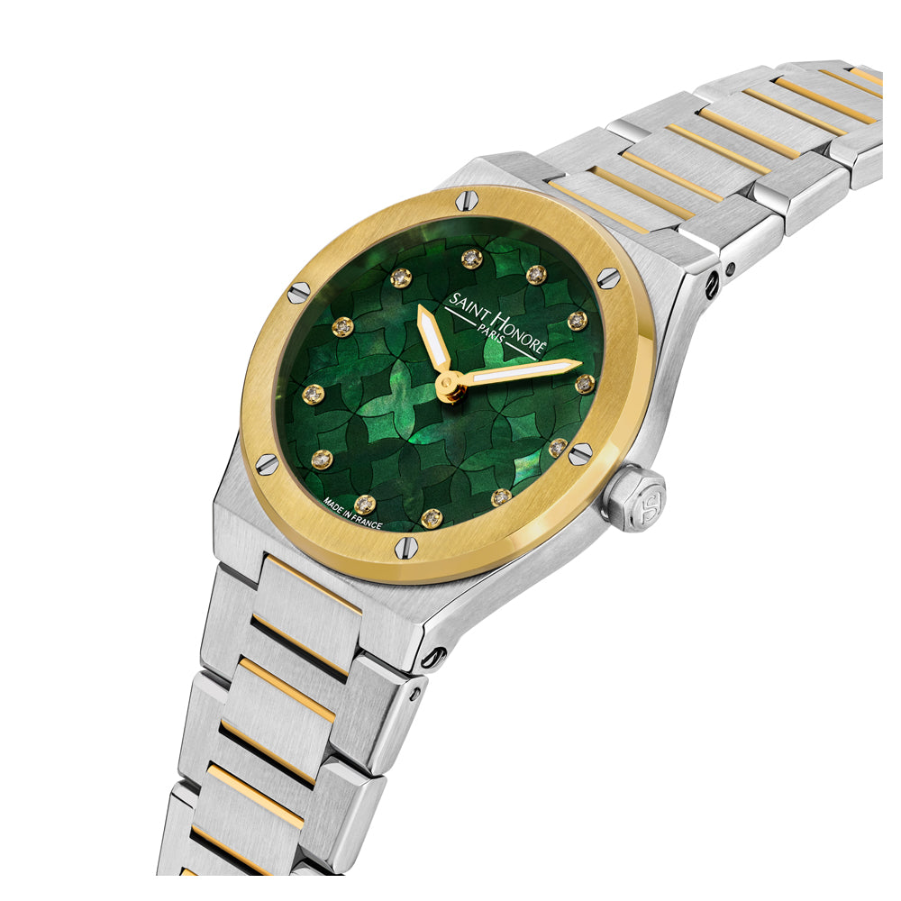 Haussman 32MM Diamond Grey MOP Watch STAINLESS STEEL & IP GOLD PLATED / GREEN