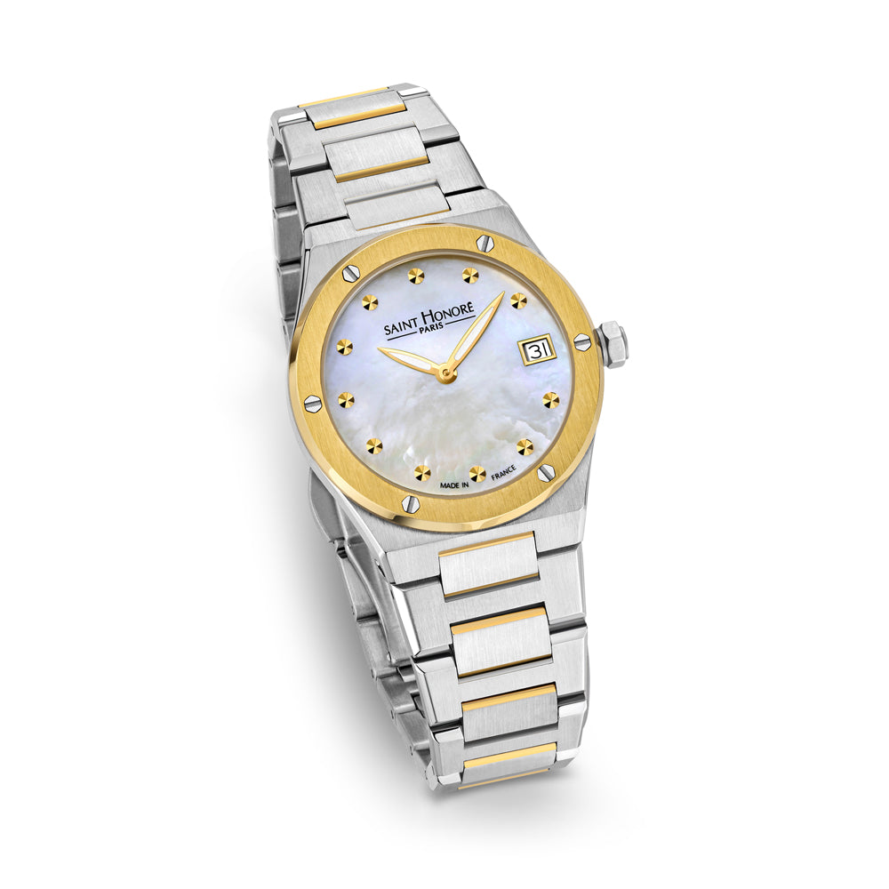 Haussman 32MM White MOP Watch STAINLESS STEEL & IP GOLD PLATED / WHITE MOP