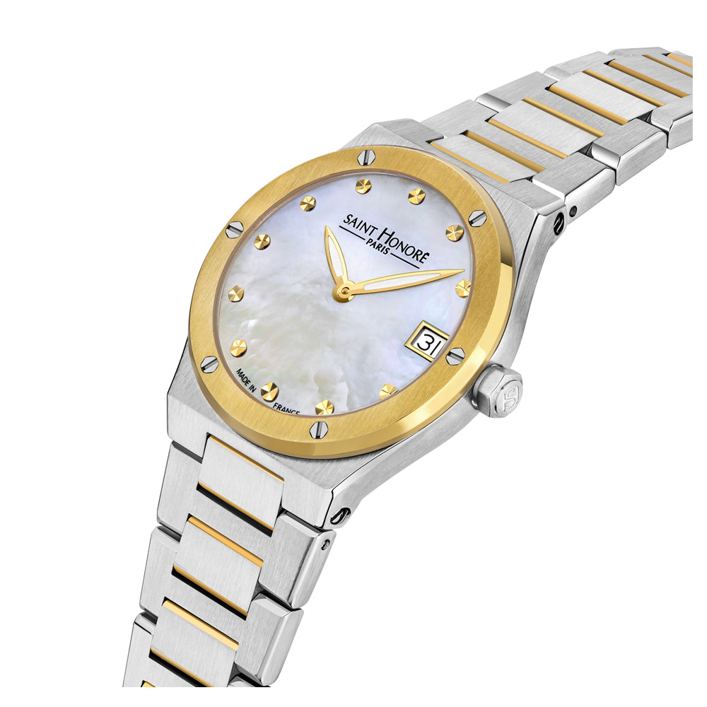 Haussman 32MM White MOP Watch STAINLESS STEEL & IP GOLD PLATED / WHITE MOP