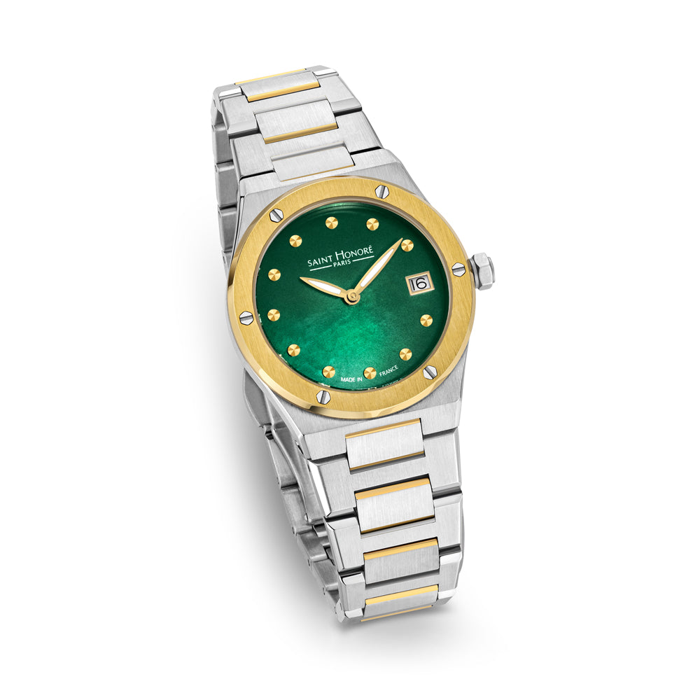 Haussman 32MM White MOP Watch STAINLESS STEEL & IP GOLD PLATED / GREEN