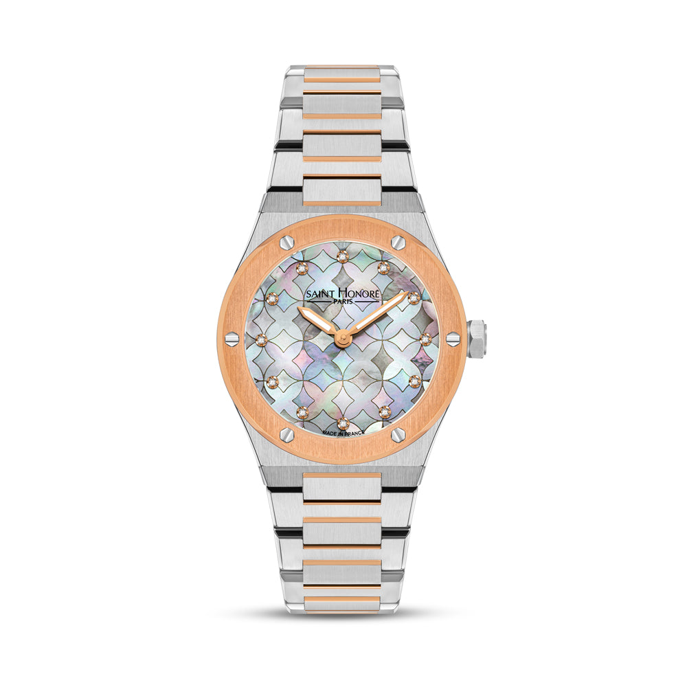 Haussman 32MM Diamond Grey MOP Watch STAINLESS STEEL & IP ROSE GOLD PLATED / GREY
