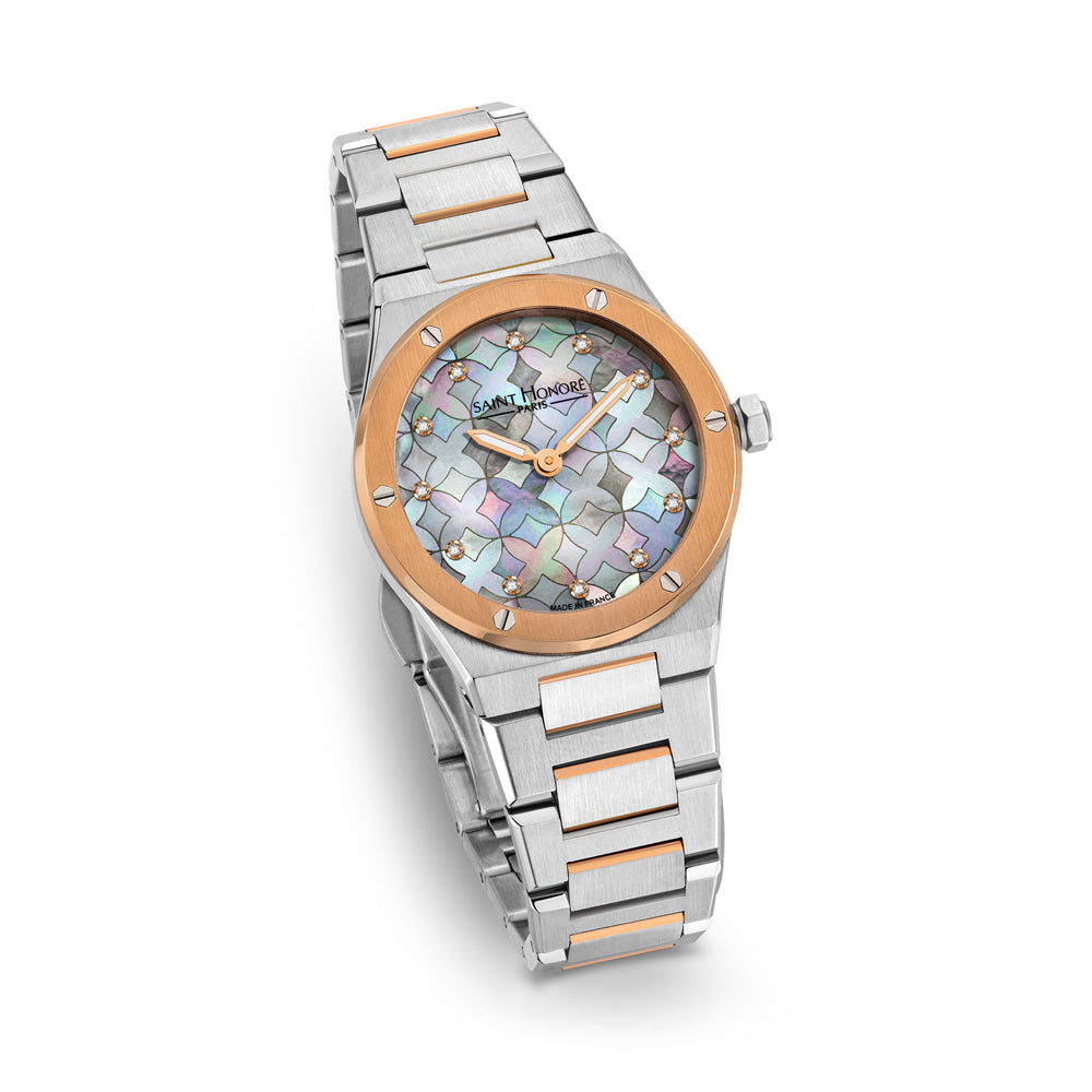 Haussman 32MM Diamond Grey MOP Watch STAINLESS STEEL & IP ROSE GOLD PLATED / GREY