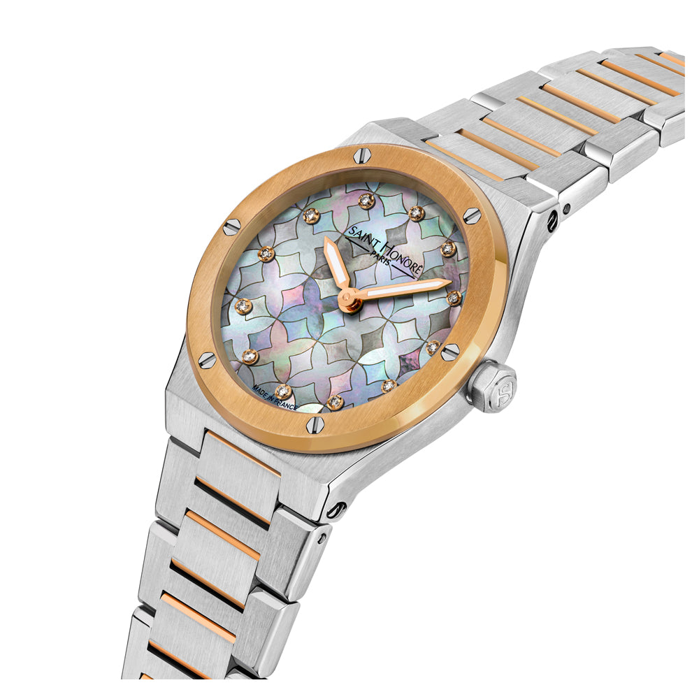 Haussman 32MM Diamond Grey MOP Watch STAINLESS STEEL & IP ROSE GOLD PLATED / GREY