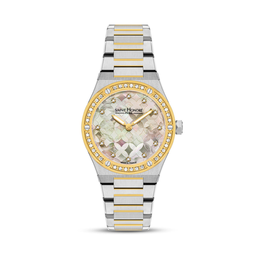 Haussman 32MM Diamond Floral MOP Watch STAINLESS STEEL & IP GOLD PLATED / WHITE MOP