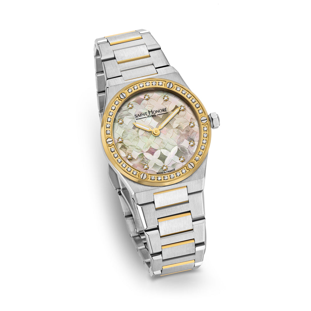 Haussman 32MM Diamond Floral MOP Watch STAINLESS STEEL & IP GOLD PLATED / WHITE MOP