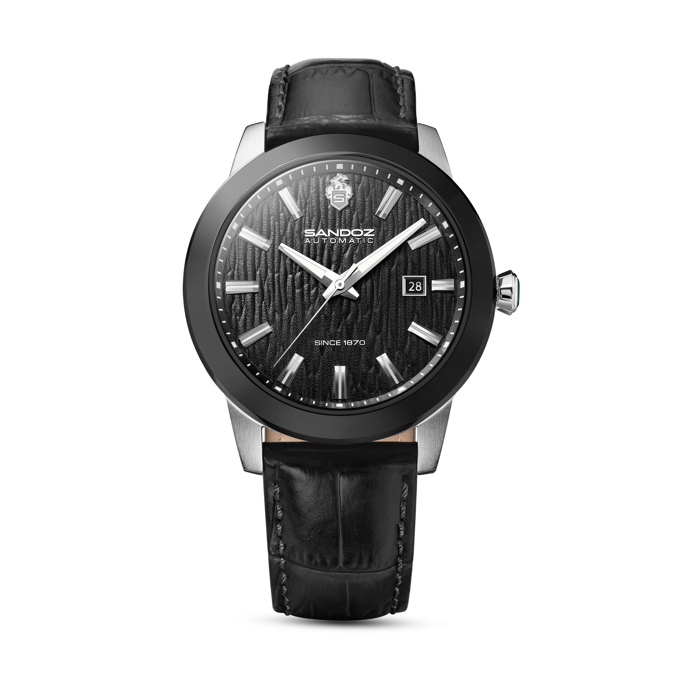 TIVOLI GENTS AUTOMATIC 3H DATE Black Textured Dial / Black Genuine Leather Strap with Silver Colour Butterfly Buckle