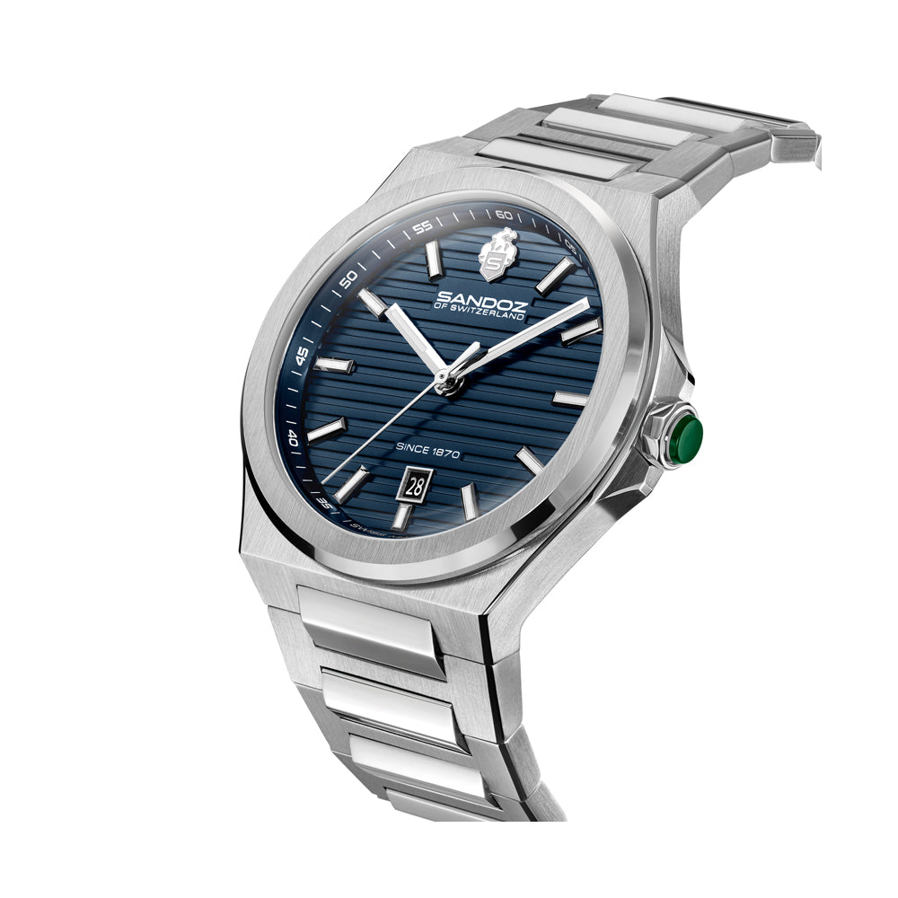 CDF 75 GENTS QUARTZ 3H DATE Dark Blue Brushed Dial with Embossed Lines / Silver Colour 316L Stainless Steel Bracelet and Butterfly Buckle