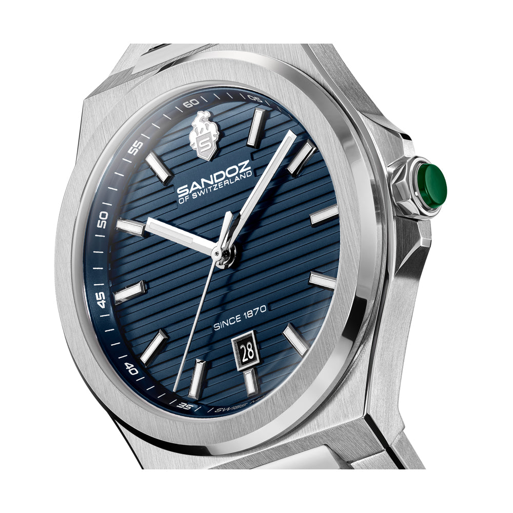 CDF 75 GENTS QUARTZ 3H DATE Dark Blue Brushed Dial with Embossed Lines / Silver Colour 316L Stainless Steel Bracelet and Butterfly Buckle