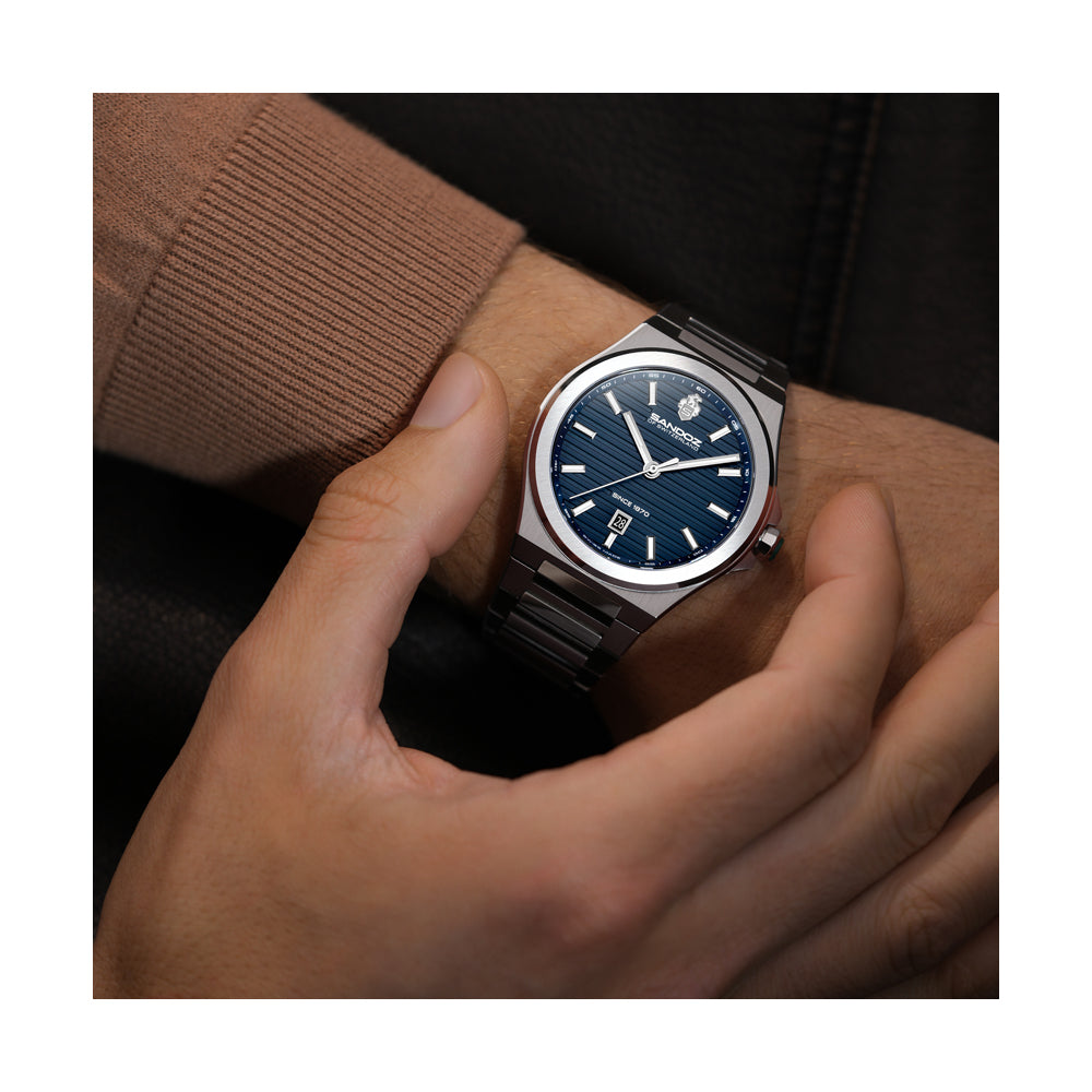 CDF 75 GENTS QUARTZ 3H DATE Dark Blue Brushed Dial with Embossed Lines / Silver Colour 316L Stainless Steel Bracelet and Butterfly Buckle