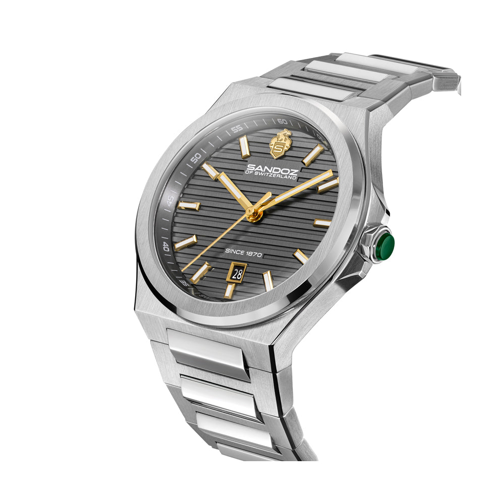 CDF 75 GENTS QUARTZ 3H DATE Anthracite Brushed Dial with Embossed Lines / Silver Colour 316L Stainless Steel Bracelet and Butterfly Buckle