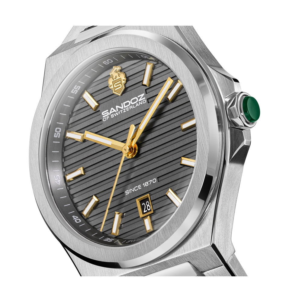 CDF 75 GENTS QUARTZ 3H DATE Anthracite Brushed Dial with Embossed Lines / Silver Colour 316L Stainless Steel Bracelet and Butterfly Buckle