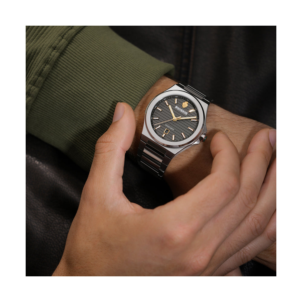 CDF 75 GENTS QUARTZ 3H DATE Anthracite Brushed Dial with Embossed Lines / Silver Colour 316L Stainless Steel Bracelet and Butterfly Buckle