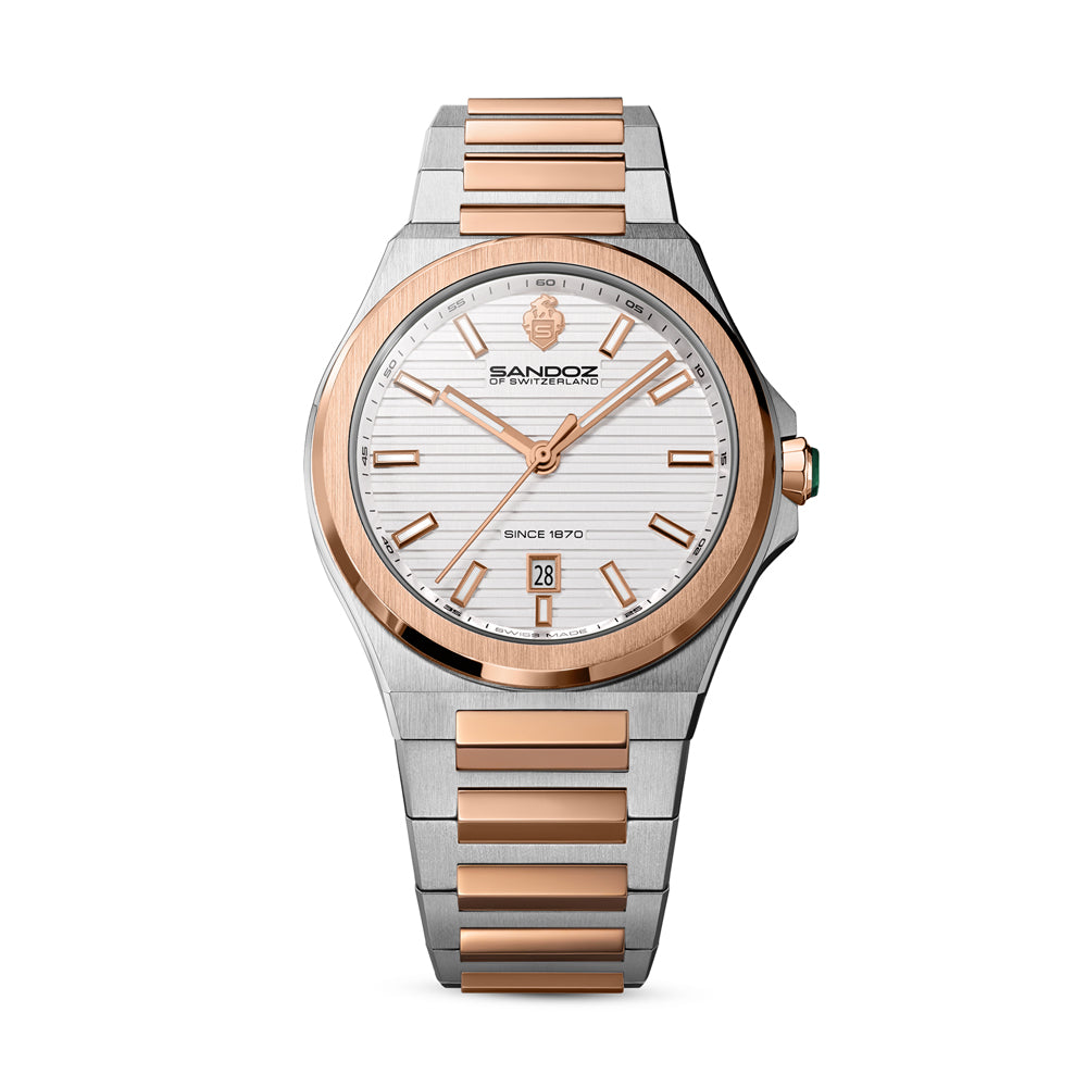 CDF 75 GENTS QUARTZ 3H DATE Silver Brushed Dial with Embossed Lines / 2-tone Silver Colour and Rose Gold Plated 316L Stainless Steel Bracelet and Butterfly Buckle