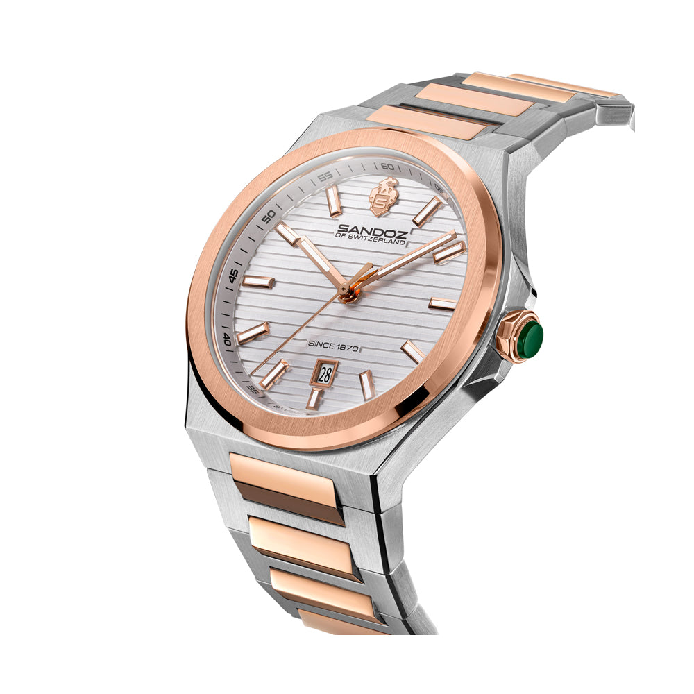 CDF 75 GENTS QUARTZ 3H DATE Silver Brushed Dial with Embossed Lines / 2-tone Silver Colour and Rose Gold Plated 316L Stainless Steel Bracelet and Butterfly Buckle
