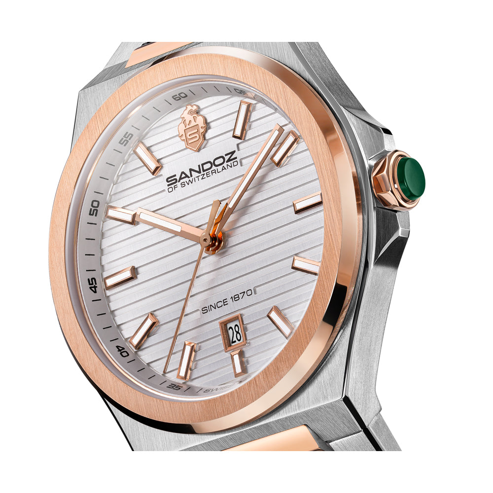 CDF 75 GENTS QUARTZ 3H DATE Silver Brushed Dial with Embossed Lines / 2-tone Silver Colour and Rose Gold Plated 316L Stainless Steel Bracelet and Butterfly Buckle