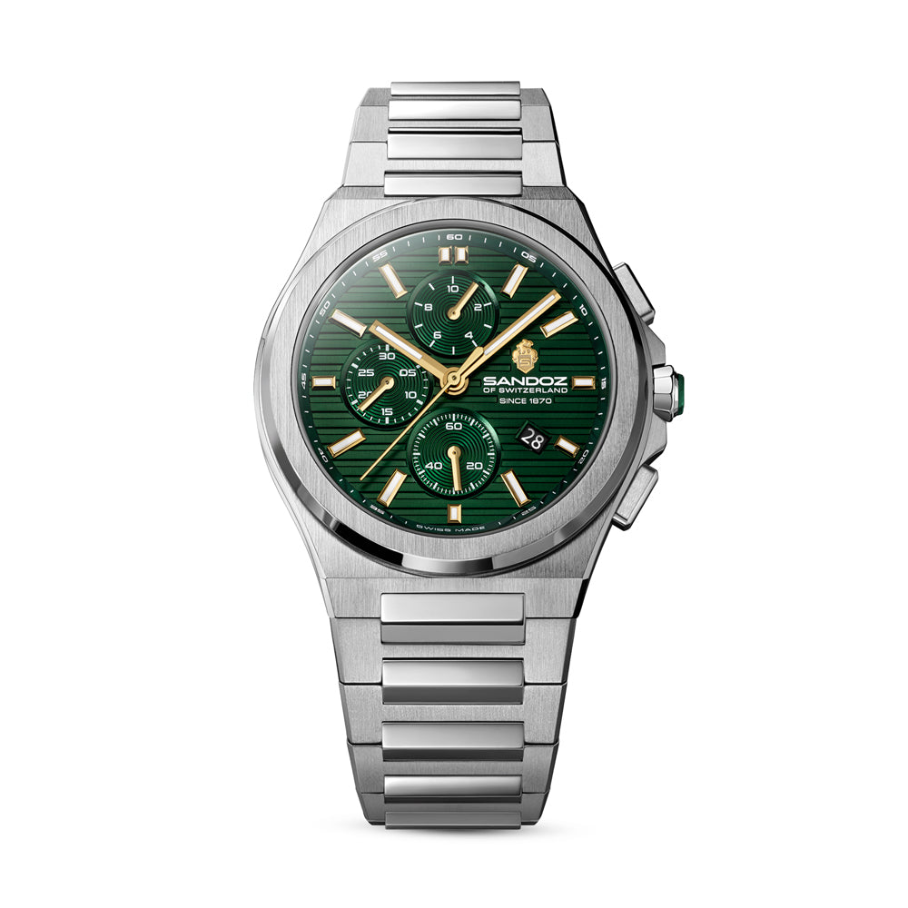 CDF 75 GENTS QUARTZ CHRONOGRAPH Green Brushed Dial with Embossed Lines and Green Chronograph eyes / Silver Colour 316L Stainless Steel Bracelet and Butterfly Buckle
