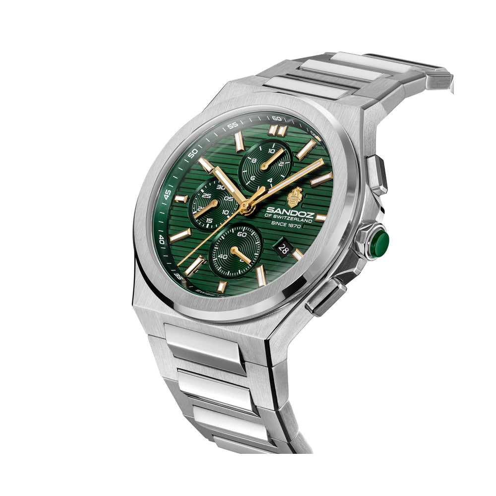 CDF 75 GENTS QUARTZ CHRONOGRAPH Green Brushed Dial with Embossed Lines and Green Chronograph eyes / Silver Colour 316L Stainless Steel Bracelet and Butterfly Buckle