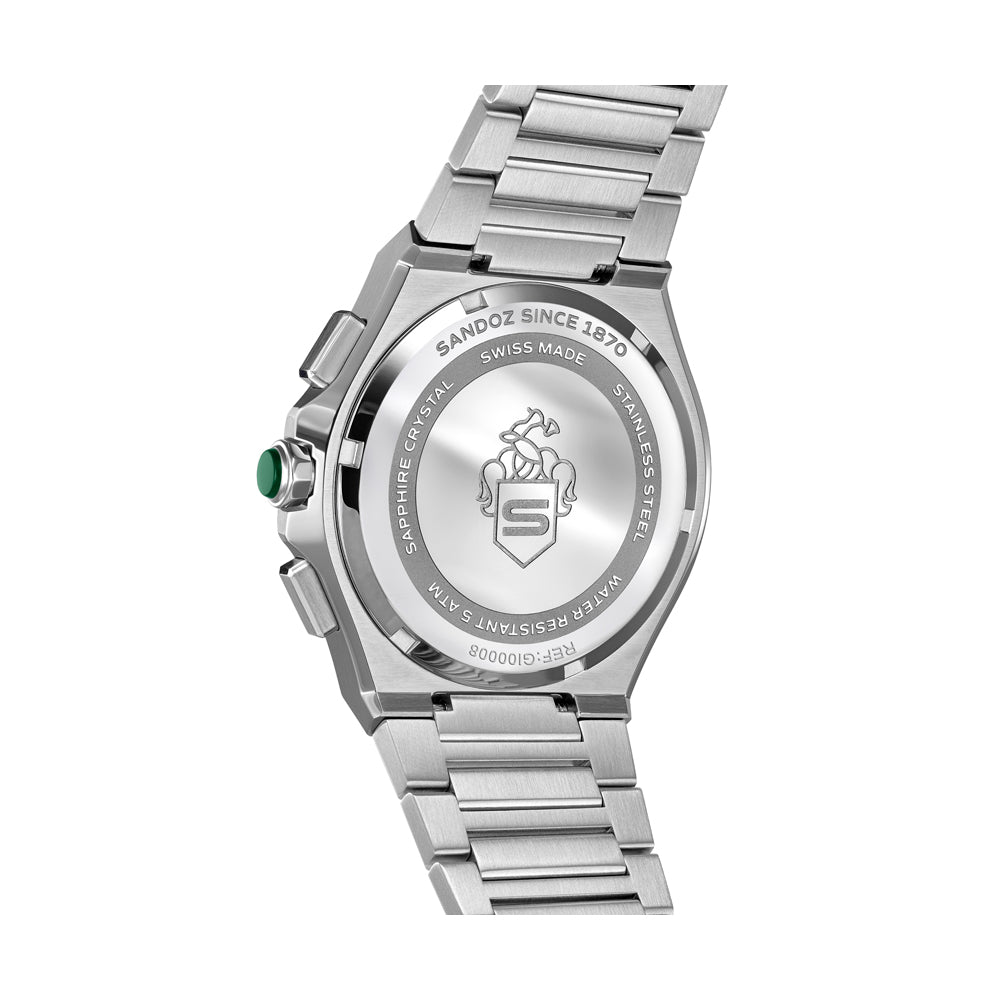 CDF 75 GENTS QUARTZ CHRONOGRAPH Green Brushed Dial with Embossed Lines and Green Chronograph eyes / Silver Colour 316L Stainless Steel Bracelet and Butterfly Buckle