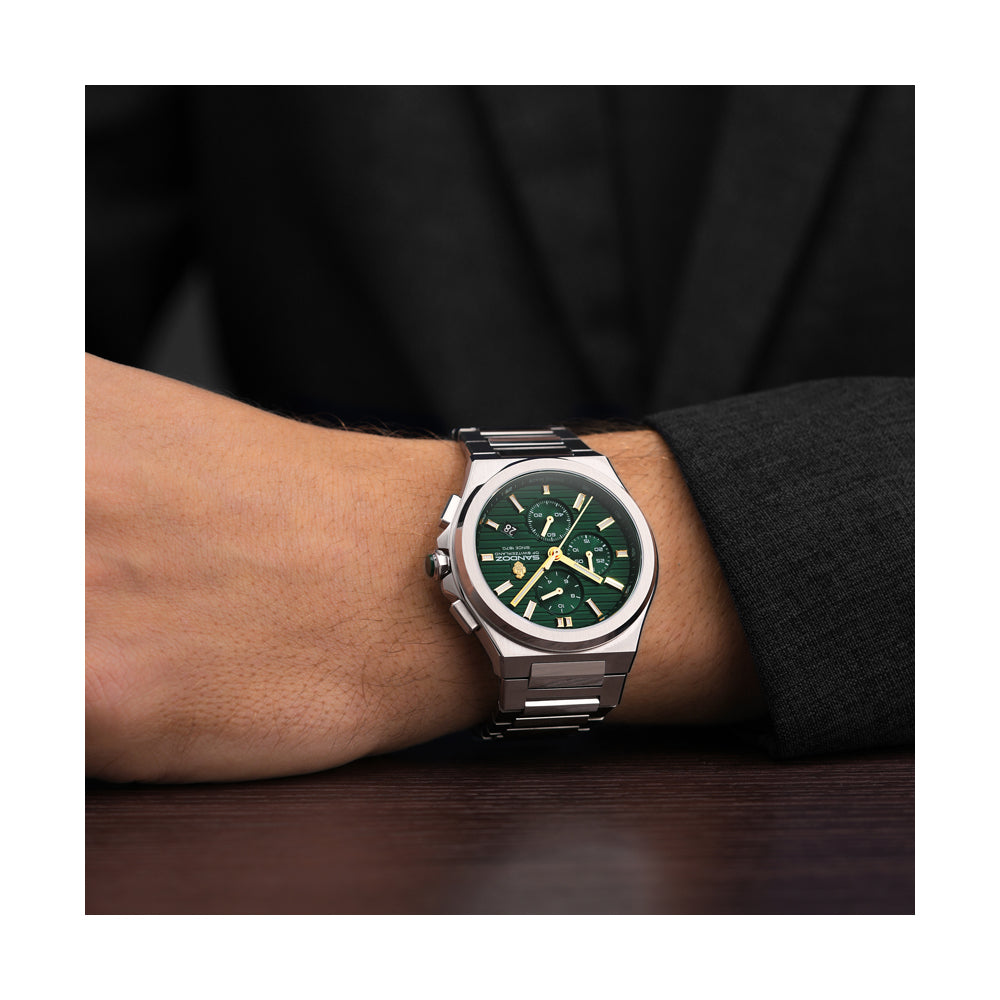 CDF 75 GENTS QUARTZ CHRONOGRAPH Green Brushed Dial with Embossed Lines and Green Chronograph eyes / Silver Colour 316L Stainless Steel Bracelet and Butterfly Buckle