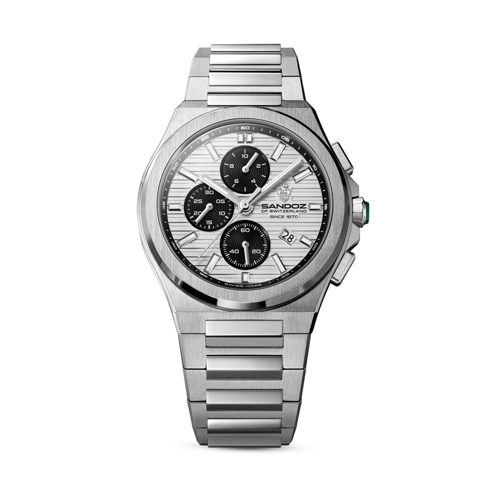 CDF 75 GENTS QUARTZ CHRONOGRAPH Silver Brushed Dial with Embossed Lines and black Chronograph eyes / Silver Colour 316L Stainless Steel Bracelet and Butterfly Buckle