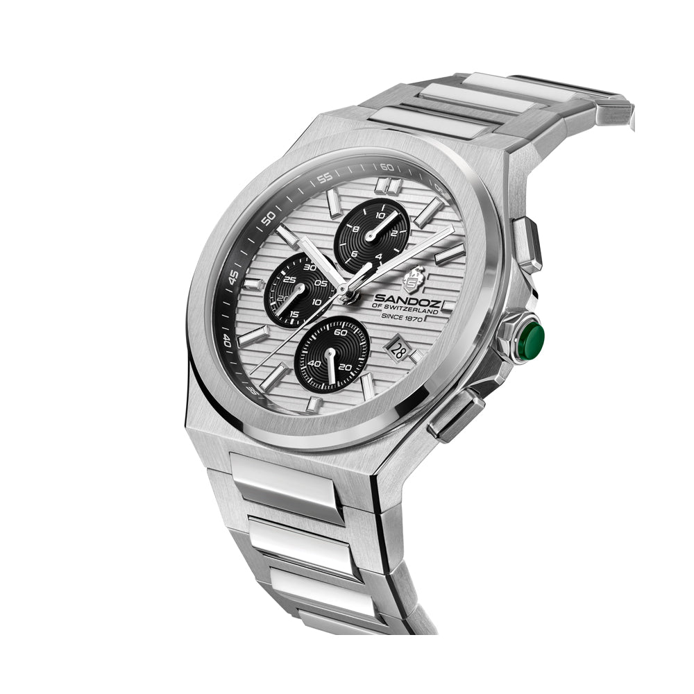 CDF 75 GENTS QUARTZ CHRONOGRAPH Silver Brushed Dial with Embossed Lines and black Chronograph eyes / Silver Colour 316L Stainless Steel Bracelet and Butterfly Buckle