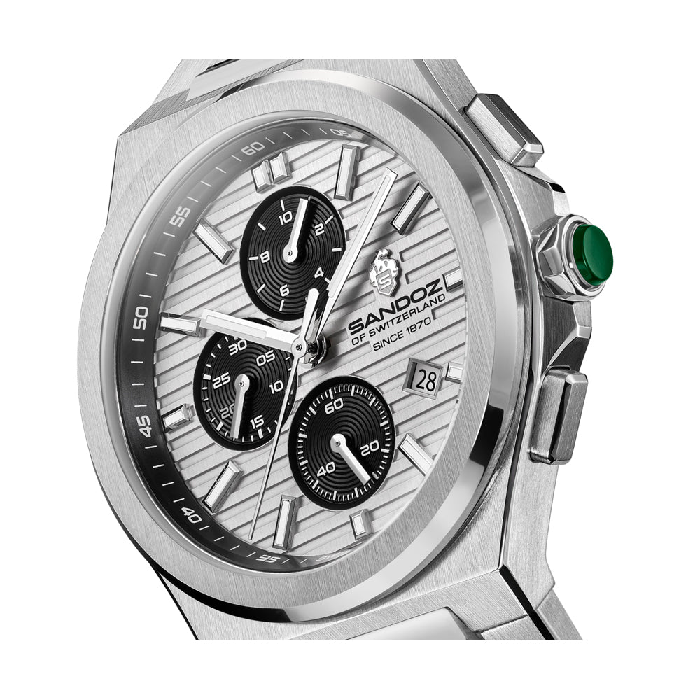 CDF 75 GENTS QUARTZ CHRONOGRAPH Silver Brushed Dial with Embossed Lines and black Chronograph eyes / Silver Colour 316L Stainless Steel Bracelet and Butterfly Buckle