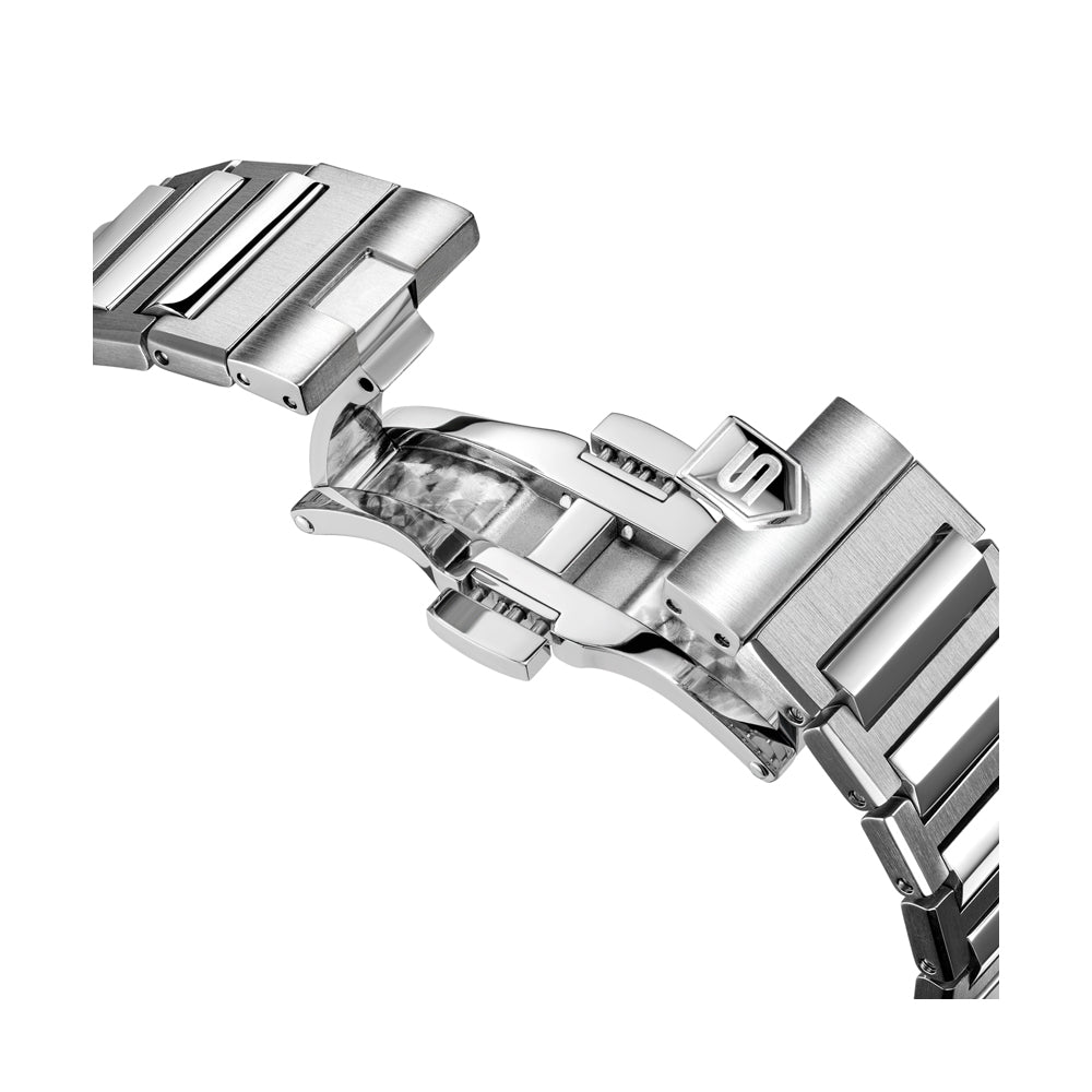 CDF 75 GENTS QUARTZ CHRONOGRAPH Silver Brushed Dial with Embossed Lines and black Chronograph eyes / Silver Colour 316L Stainless Steel Bracelet and Butterfly Buckle