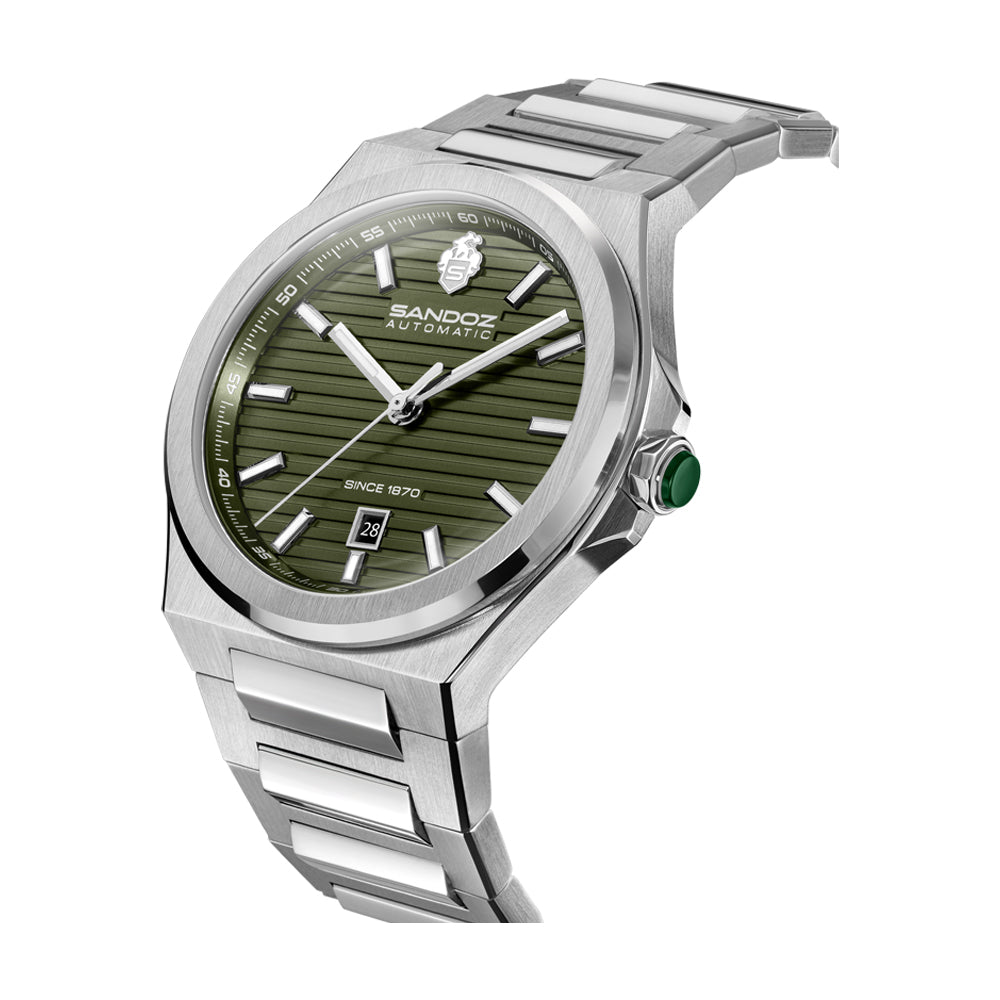 CDF 75 GENTS AUTOMATIC 3H DATE Olive Brushed Dial with Embossed Lines / Silver Colour 316L Stainless Steel Bracelet and Butterfly Buckle