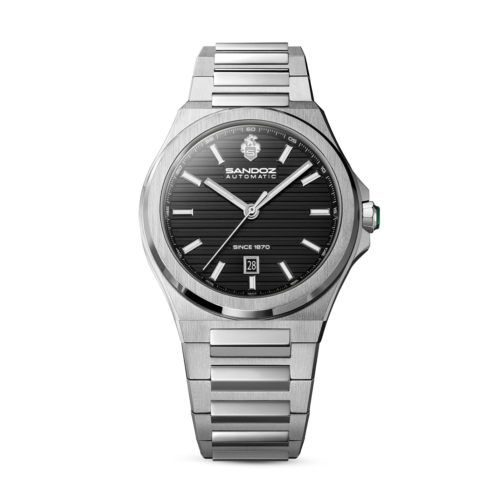 CDF 75 GENTS AUTOMATIC 3H DATE Black Brushed Dial with Embossed Lines / Silver Colour 316L Stainless Steel Bracelet and Butterfly Buckle