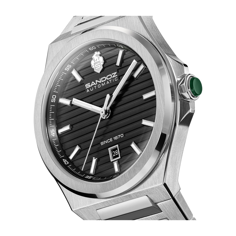 CDF 75 GENTS AUTOMATIC 3H DATE Black Brushed Dial with Embossed Lines / Silver Colour 316L Stainless Steel Bracelet and Butterfly Buckle