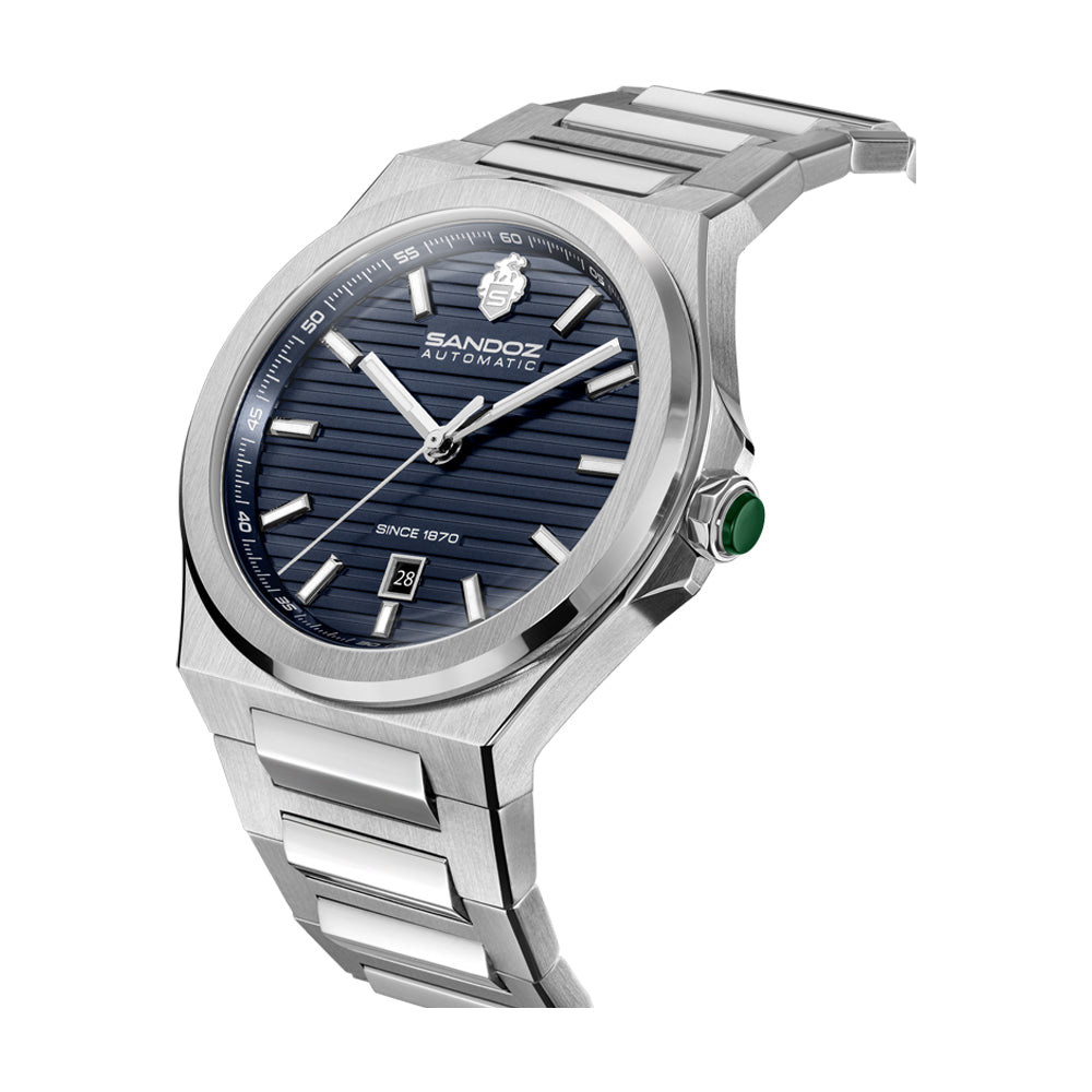 CDF 75 GENTS AUTOMATIC 3H DATE Dark Blue Brushed Dial with Embossed Lines / Silver Colour 316L Stainless Steel Bracelet and Butterfly Buckle
