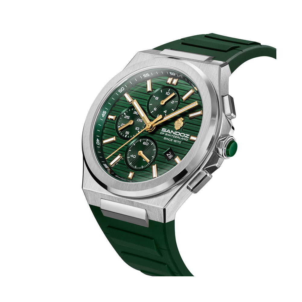 CDF 75 GENTS QUARTZ CHRONOGRAPH Green Brushed Dial with Embossed Lines and Green Chronograph eyes / Green High Resistance FKM Rubber Strap with Silver Colour Butterfuly Buckle