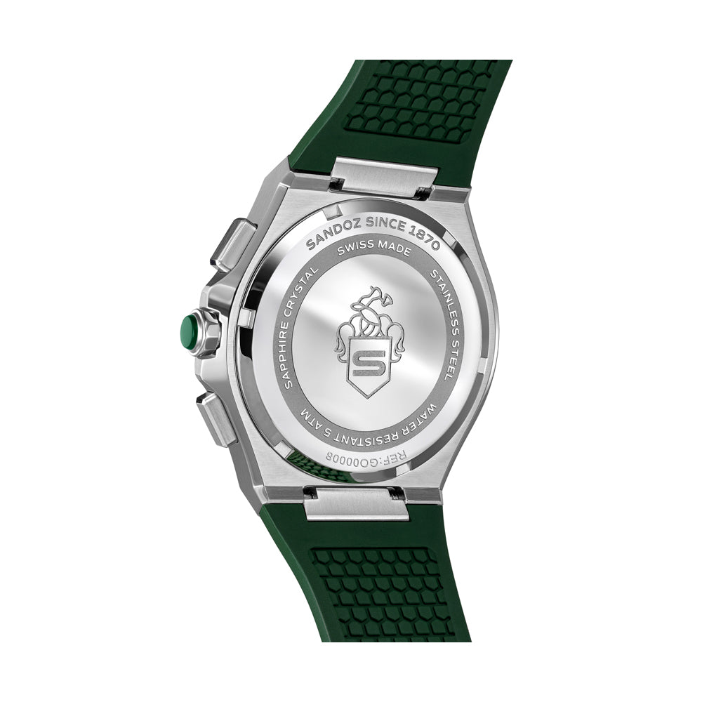 CDF 75 GENTS QUARTZ CHRONOGRAPH Green Brushed Dial with Embossed Lines and Green Chronograph eyes / Green High Resistance FKM Rubber Strap with Silver Colour Butterfuly Buckle