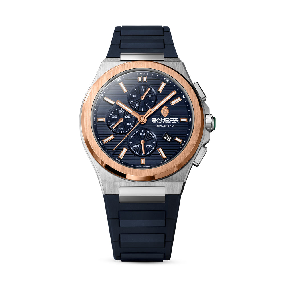 CDF 75 GENTS QUARTZ CHRONOGRAPH Dark Blue Brushed Dial with Embossed Lines and Dark Blue Chronograph eyes / Blue High Resistance FKM Rubber Strap with Silver Colour Butterfuly Buckle