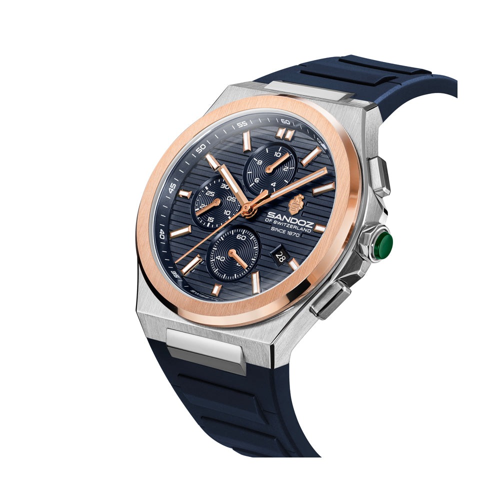 CDF 75 GENTS QUARTZ CHRONOGRAPH Dark Blue Brushed Dial with Embossed Lines and Dark Blue Chronograph eyes / Blue High Resistance FKM Rubber Strap with Silver Colour Butterfuly Buckle