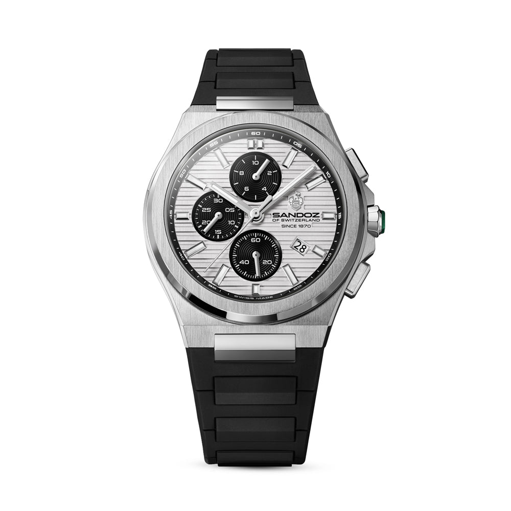 CDF 75 GENTS QUARTZ CHRONOGRAPH Silver Brushed Dial with Embossed Lines and black Chronograph eyes / Black High Resistance FKM Rubber Strap with Silver Colour Butterfuly Buckle